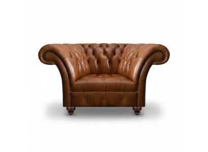 Brązowy fotel jednoosobowy Chesterfield z pokryciem z naturalnej skóry do salonu, pojedyncze siedzisko.