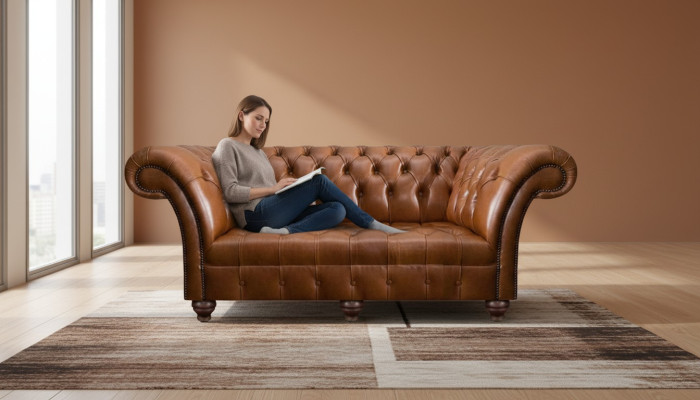 Brązowa sofa Chesterfield z trzema siedzeniami z nowoczesną tapicerką.