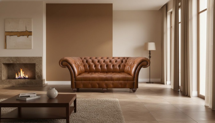 Brązowa sofa Chesterfield z trzema siedzeniami z nowoczesną tapicerką.