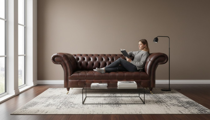 Brązowa kanapa Chesterfield z ekoskóry, sofa designerska, meble do salonu.