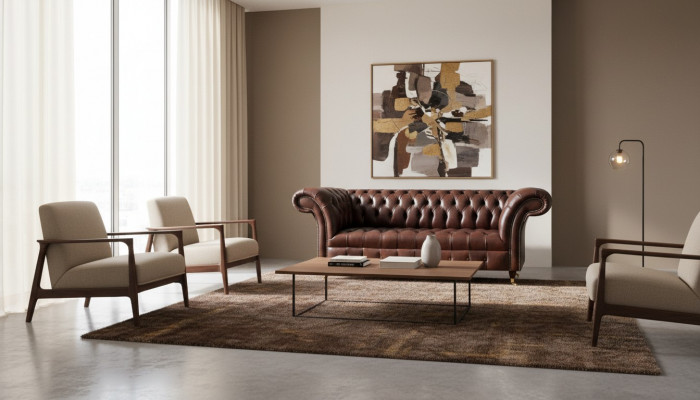 Brązowa kanapa Chesterfield z ekoskóry, sofa designerska, meble do salonu.