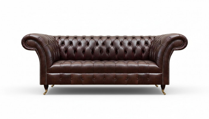 Brązowa kanapa Chesterfield z ekoskóry, sofa designerska, meble do salonu.