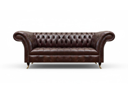 Brązowa kanapa Chesterfield z ekoskóry, sofa designerska, meble do salonu.