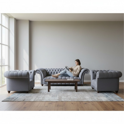 Chesterfield Jasny Szary zestaw Sofy Eleganckie Tapicerka Trzyosobowa + 2x Fotel