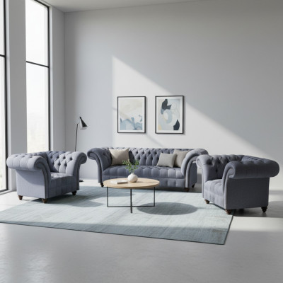Chesterfield Jasny Szary zestaw Sofy Eleganckie Tapicerka Trzyosobowa + 2x Fotel