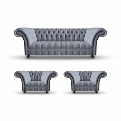 Chesterfield Jasny Szary zestaw Sofy Eleganckie Tapicerka Trzyosobowa + 2x Fotel