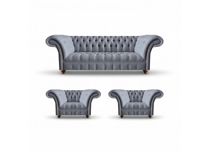 Chesterfield Jasny Szary zestaw Sofy Eleganckie Tapicerka Trzyosobowa + 2x Fotel
