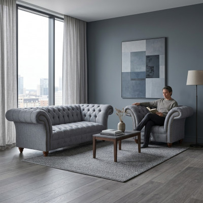 Chesterfield Designer Szara, nowoczesna tapicerka, 2-częściowy zestaw mebli tapicerowanych<textarea> Chesterfield Designer Szara, nowoczesna tapicerka, 2-częściowy zestaw mebli tapicerowanych </textarea>