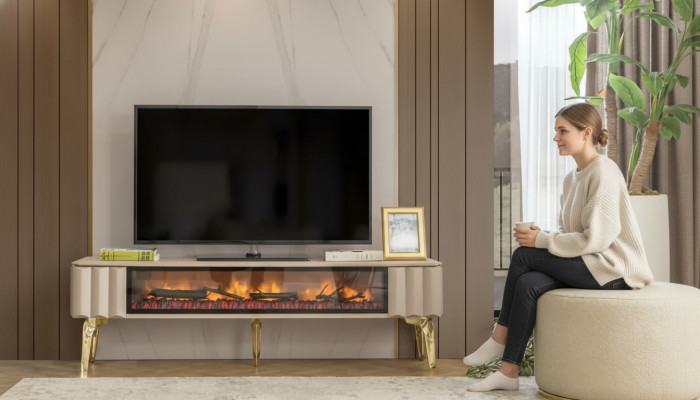 Kredens RTV salon luksusowe meble kominkowe beżowa metalowa szafka MDF