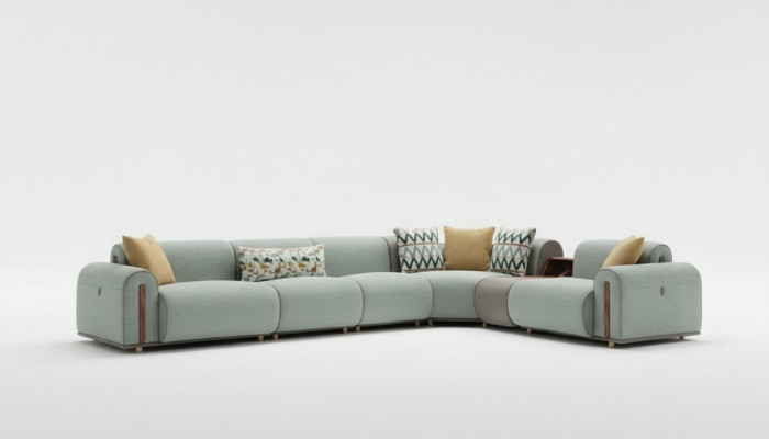 Luksusowa zielona sofa narożna, skórzane kanapy, designerskie meble do salonu.