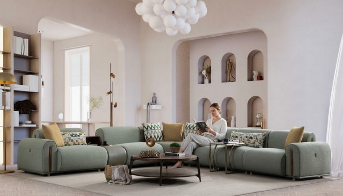 Jasnozielona tkaninowa sofa narożna do salonu w kształcie litery L, projektant mebli tapicerowanych.