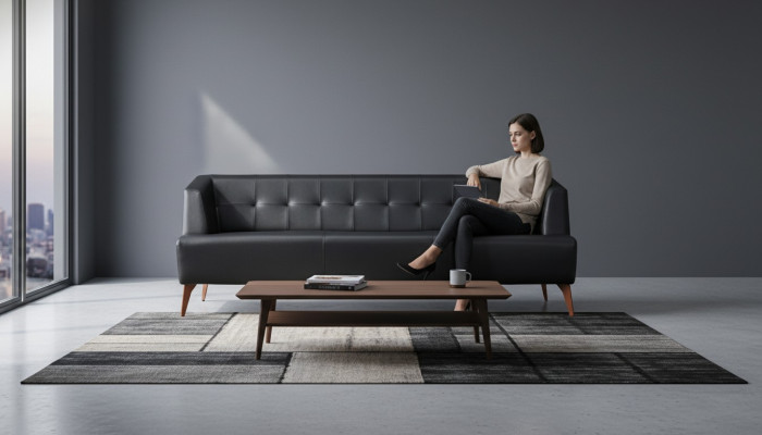 Elegancka czarna kanapa trzyosobowa, nowoczesna sofa z prawdziwej skóry, sofa do salonu, sofa do spania