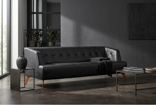 Elegancka czarna kanapa trzyosobowa, nowoczesna sofa z prawdziwej skóry, sofa do salonu, sofa do spania