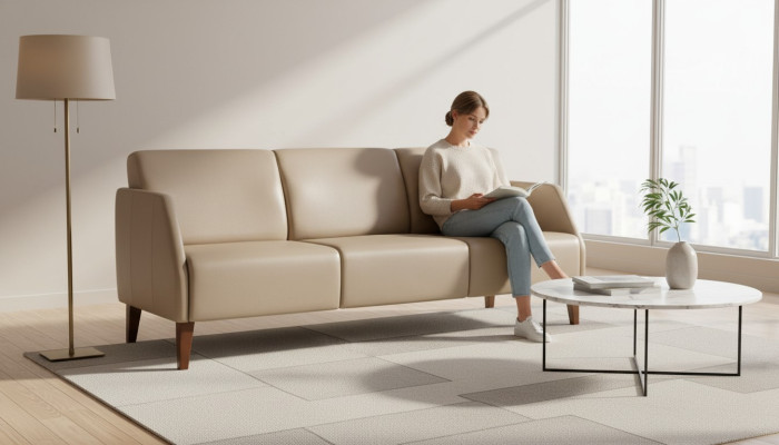 Beżowa sofa w salonie, dwuosobowa, tapicerowana, nowoczesna kanapa z tkaniny, dwuosobowa.