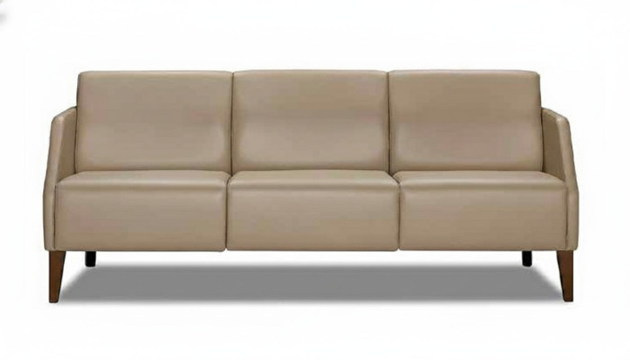 Beżowa sofa w salonie, dwuosobowa, tapicerowana, nowoczesna kanapa z tkaniny, dwuosobowa.
