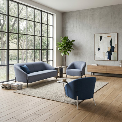Szara niebieska sofa zestaw mebli obitych, designerska sofa, nowoczesny 2-osobowy fotel.