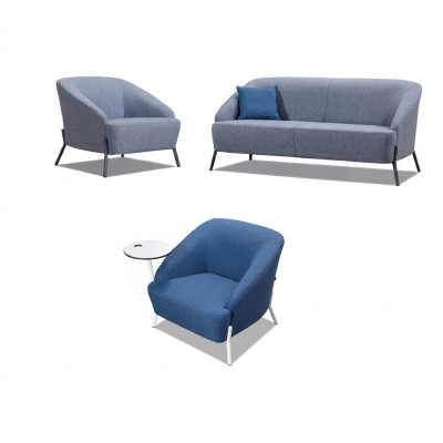 Szara niebieska sofa zestaw mebli obitych, designerska sofa, nowoczesny 2-osobowy fotel.