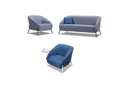 Szara niebieska sofa zestaw mebli obitych, designerska sofa, nowoczesny 2-osobowy fotel.