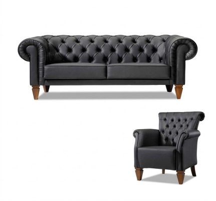 Czarna Chesterfield Sofi szara w siedzeniu z tapicerowanym materiałem ze skóry, nowoczesne dwuosobowe zestawienie.