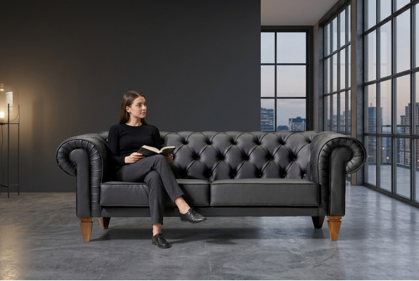 Elegancki trzyosobowy Chesterfield w stylu czarnym - nowoczesne, szlachetne meble tapicerowane.