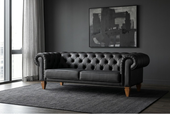 Elegancki trzyosobowy Chesterfield w stylu czarnym - nowoczesne, szlachetne meble tapicerowane.