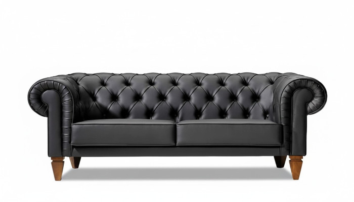 Elegancki trzyosobowy Chesterfield w stylu czarnym - nowoczesne, szlachetne meble tapicerowane.