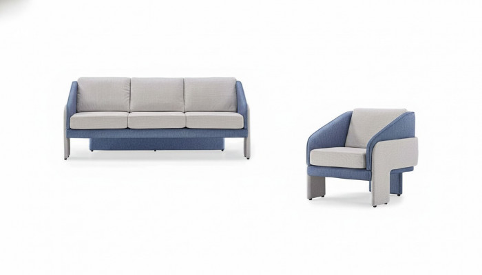 Szare-niebieskie fotele designerskie do salonu 3-osobowe 2-elementowy zestaw.