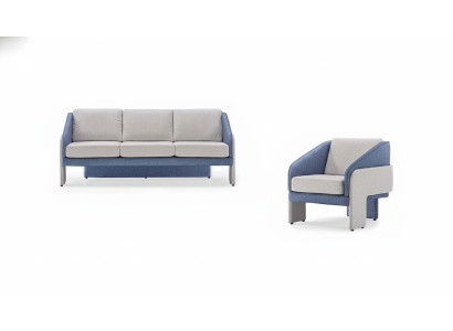Szare-niebieskie fotele designerskie do salonu 3-osobowe 2-elementowy zestaw.