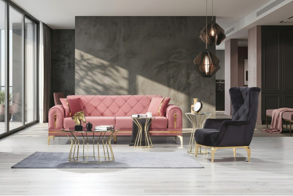 Chesterfield Różowa Sofa ze stali nierdzewnej Nowoczesna kanapa z tapicerką Luksusowy trzyosobowy