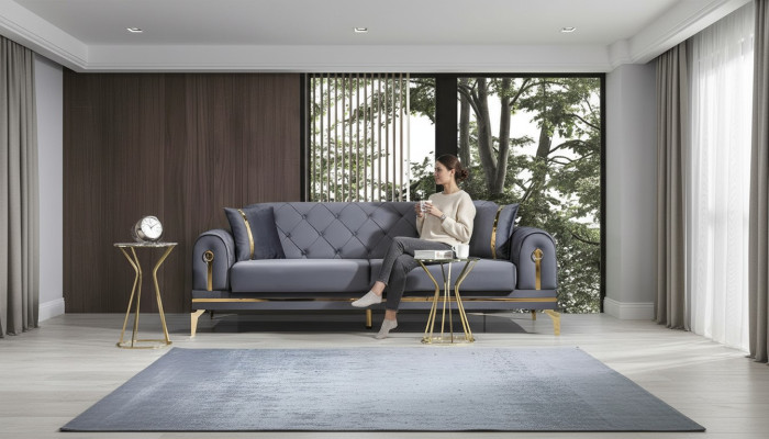 Chesterfield Szara kanapa z tkaniny Designer Salon Trzyosobowa tkanina 3-osobowa