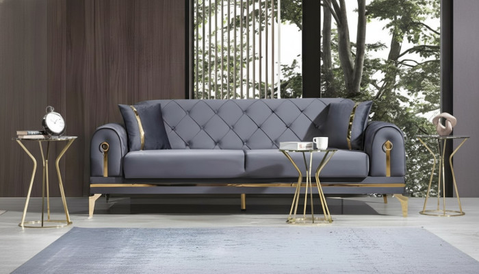 Chesterfield Szara kanapa z tkaniny Designer Salon Trzyosobowa tkanina 3-osobowa