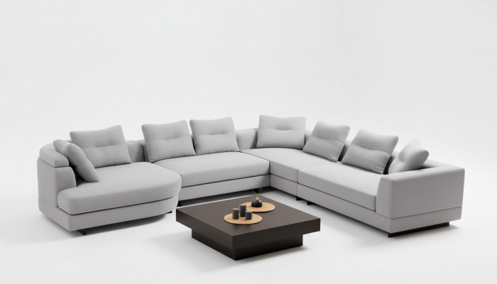 Sofa narożne do salonu w kształcie litery L, nowoczesny design, materiał tekstylny, kolor biały.