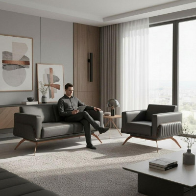 Zestaw do pokoju pracy 2 elementowy Sofa 2-osobowa z fotelem Szary jednokolorowy Salon