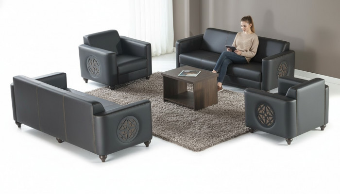 Zestaw mebli do biura 4 częściowy Czarny 3-osobowa sofa 2x Fotel Brązowy Stolik kawowy Nowoczesny