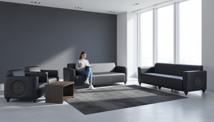 Eleganckie meble do biura projektanta 2x 3-osobowa sofa 2x fotel stolik kawowy