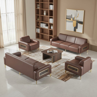 Zestaw mebli do biura 4-elementowy, 3-osobowa sofa, 2 fotele, stolik kawowy, kolor brązowy, do salonu.