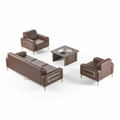 Zestaw mebli do biura 4-elementowy, 3-osobowa sofa, 2 fotele, stolik kawowy, kolor brązowy, do salonu.