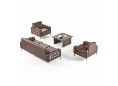 Zestaw mebli do biura 4-elementowy, 3-osobowa sofa, 2 fotele, stolik kawowy, kolor brązowy, do salonu.