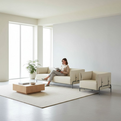 Zestaw do pokoju dziennego 2-elementowy 3-osobowa sofa beżowy jednokolorowy poduszki.