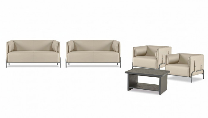 Beżowe meble do biura projektanta 2 razy dwuosobowa ekskluzywna sofa stół