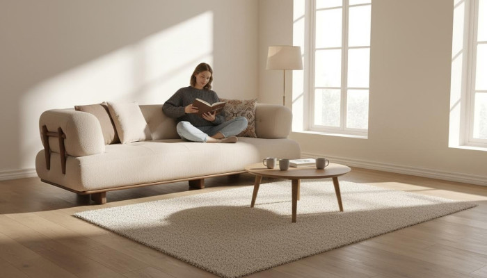 Beżowa sofa w salonie, projektant trzyosobowa sofa, ekskluzywne meble do siedzenia