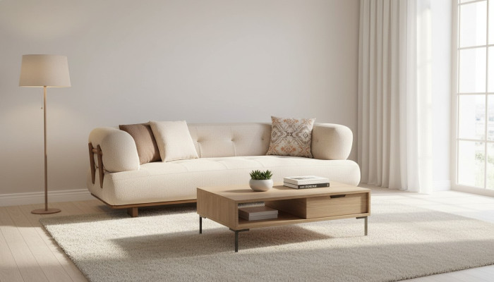 Beżowa sofa w salonie, projektant trzyosobowa sofa, ekskluzywne meble do siedzenia