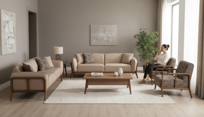 Brązowo-beżowy zestaw wypoczynkowy do salonu. Meble designerskie do salonu. 2 sofy.
