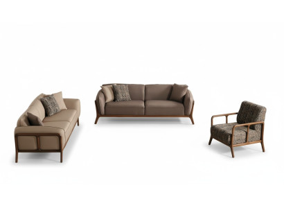 Brązowo-beżowy zestaw wypoczynkowy do salonu. Meble designerskie do salonu. 2 sofy.
