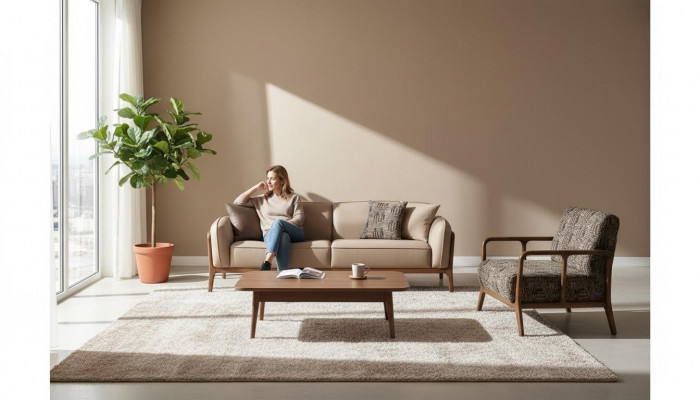Beżowy elegancki trzyosobowy sofa do salonu z tapicerowanymi meblami.