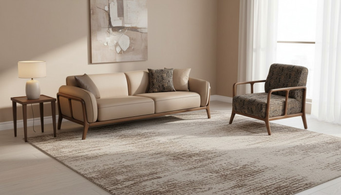 Beżowy elegancki trzyosobowy sofa do salonu z tapicerowanymi meblami.
