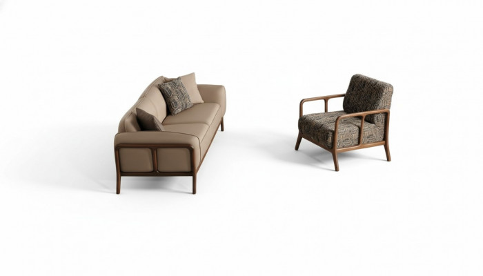 Beżowy elegancki trzyosobowy sofa do salonu z tapicerowanymi meblami.