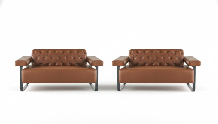 Brązowe sofy Chesterfield z skóry, szczotkowanej stali nierdzewnej, oryginalne, nowoczesne, dwuosobowe, z guzikami.