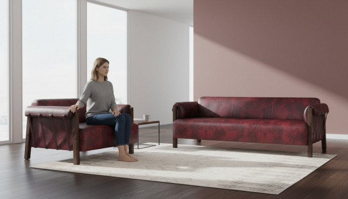 Sofa Ledesofas 3-osobowa 2-osobowa burgund Nowoczesny styl Skóra Drewno Zestaw