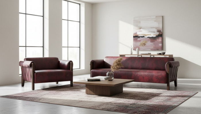 Sofa Ledesofas 3-osobowa 2-osobowa burgund Nowoczesny styl Skóra Drewno Zestaw
